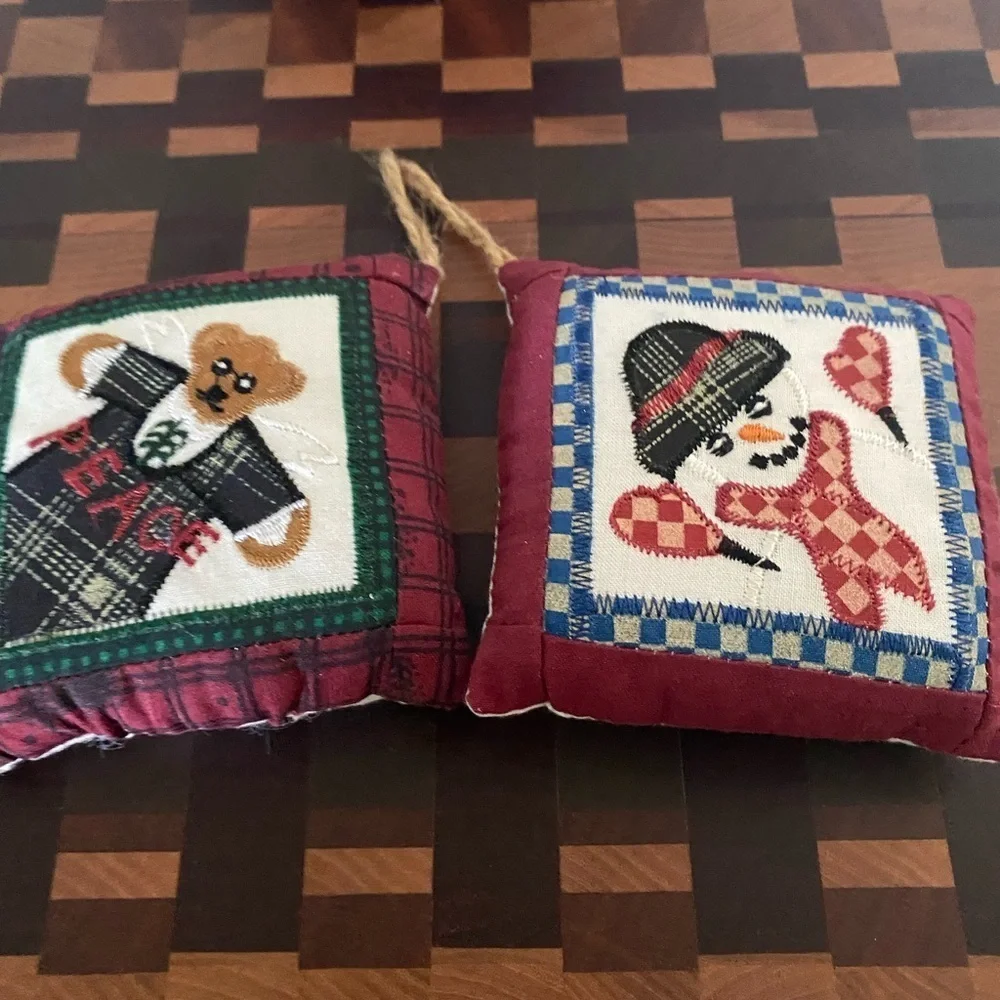 Set Of 2 Vintage Quilted Pillow Plaid Peace Bear and Snowman Ornaments 6”x 6”